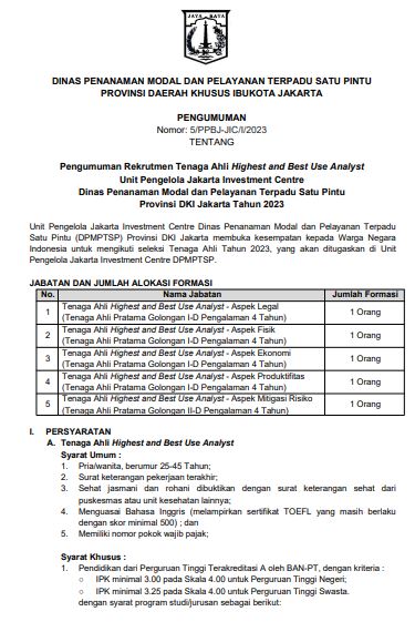 Pengumuman Rekrutmen Tenaga Ahli Highest and Best Use Analyst UP JIC DPMPTSP Provinsi DKI Jakarta Tahun 2023