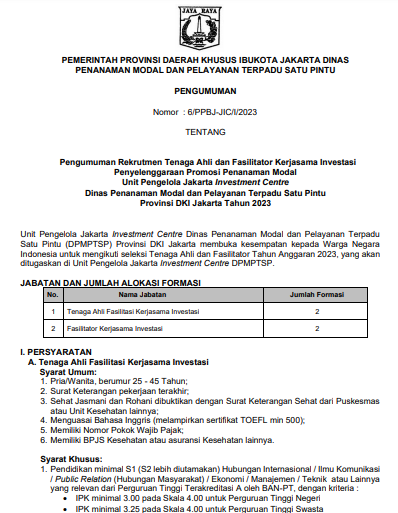 Pengumuman Rekrutmen Tenaga Ahli dan Fasilitator Kerjasama Investasi Penyelenggaraan Promosi Penanaman Modal Unit Pengelola Jakarta Investment Centre Dinas Penanaman Modal dan Pelayanan Terpadu Satu Pintu Provinsi DKI Jakarta Tahun 2023